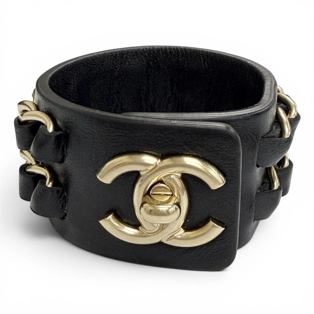 CHANEL Authentic 18k Black Leather Logo Charm Bracelet